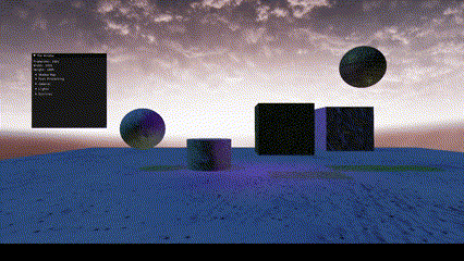 Animated image of lit spheres and cubes moving through space with a post-process blur being applied