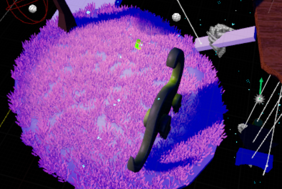 Toddler island in Mind Palace covered in grass, a dinosaur toy, and a tree with pink lights and blue shadows