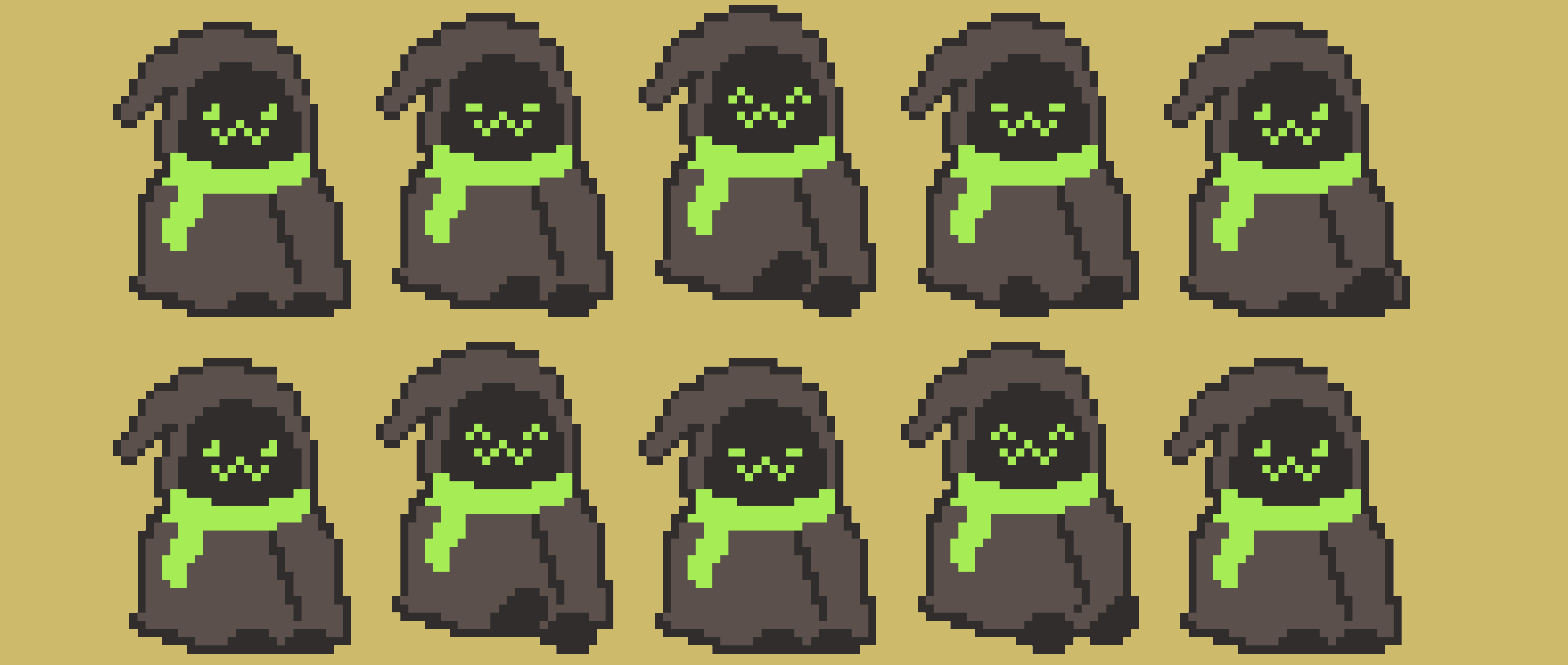 Sprite sheet of pixel art character in grey hood with green face and scarf