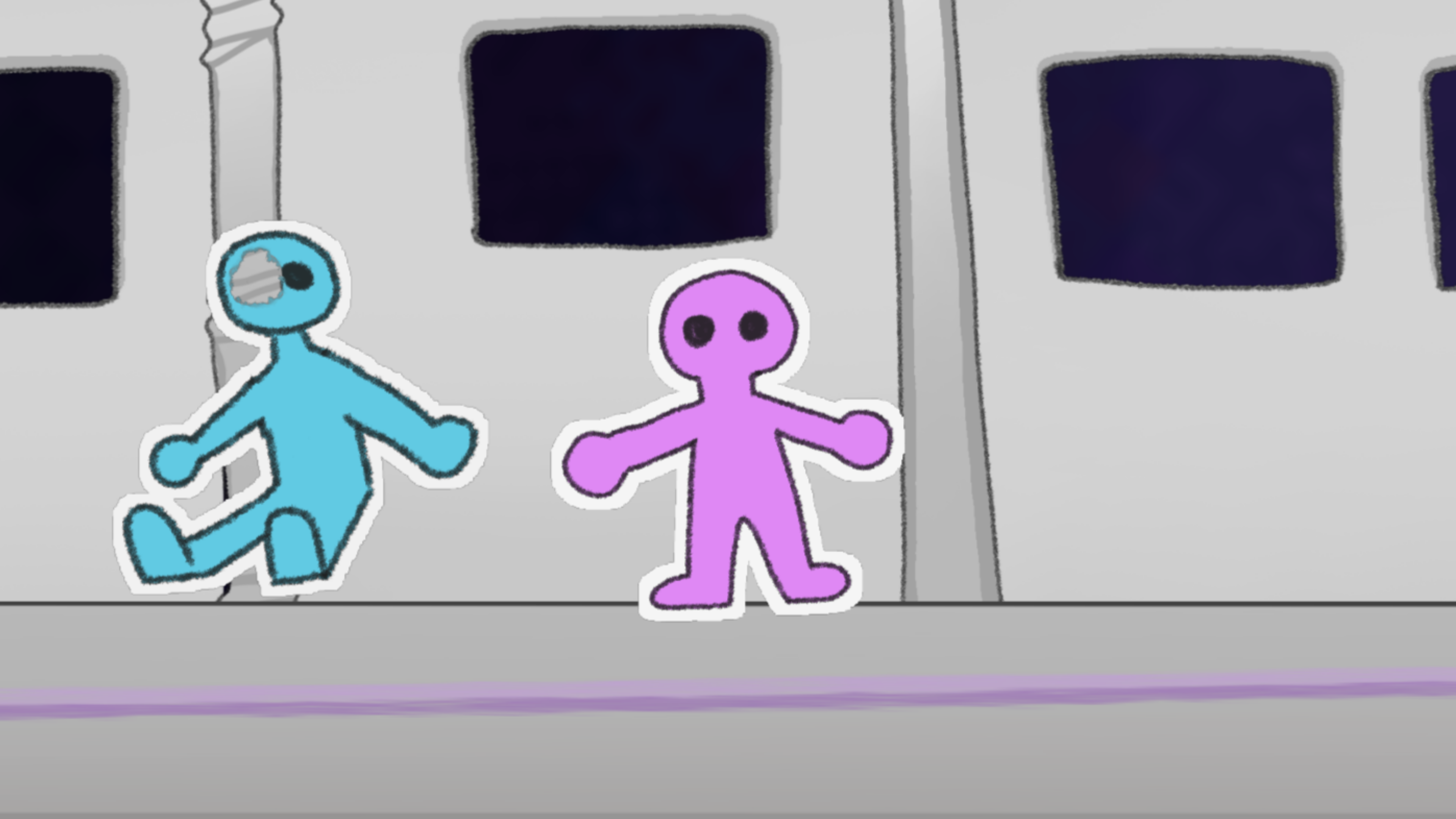 Pink paper cutout of a person next to a torn cutout of a person sitting in a hallway