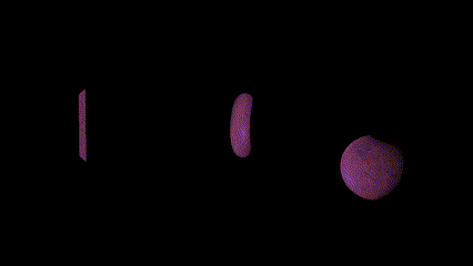 Cube, torus, and sphere lit from one side with a pink light while moving and rotating