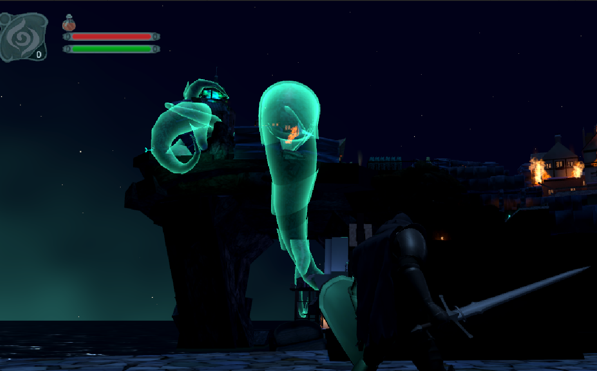 Knight standing on dock with cliff covered in ghostly tentacles in the background