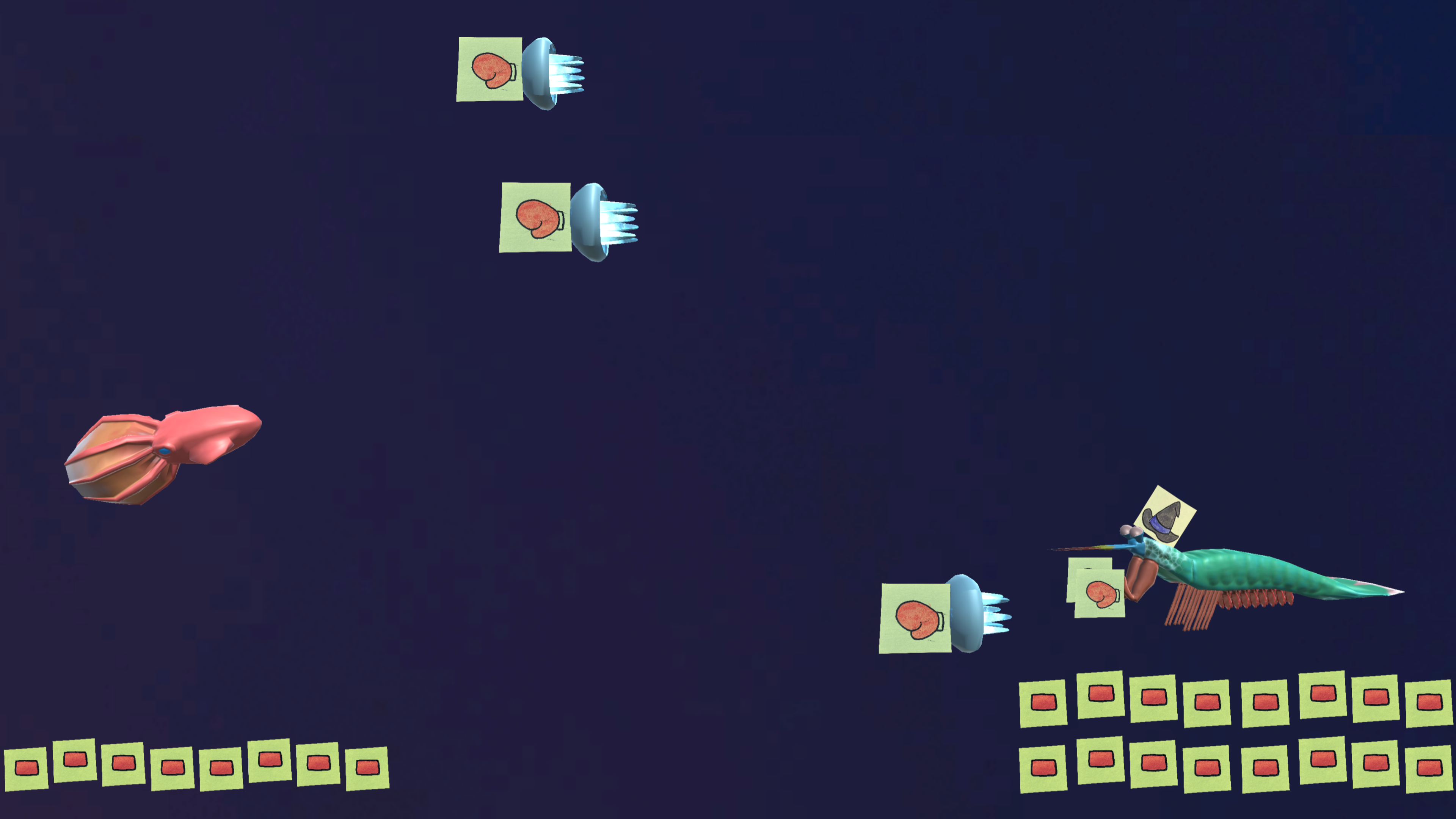 Gameplay image of a squid fighting a mantis shrimp with boxing glove projectiles