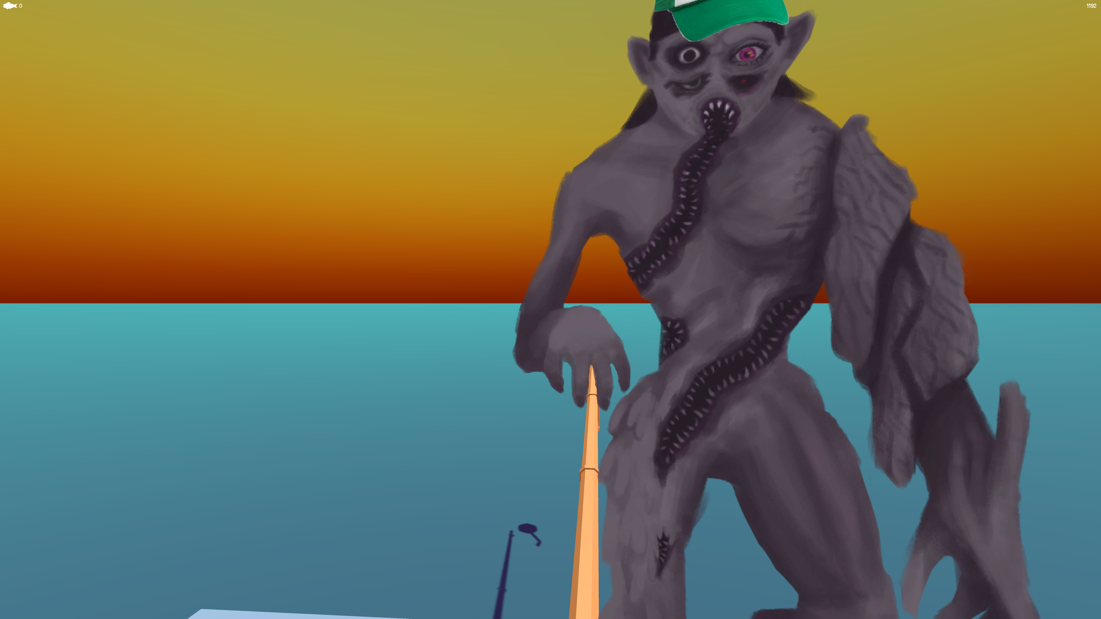 First-person image of a fishing rod over the water next to a monster