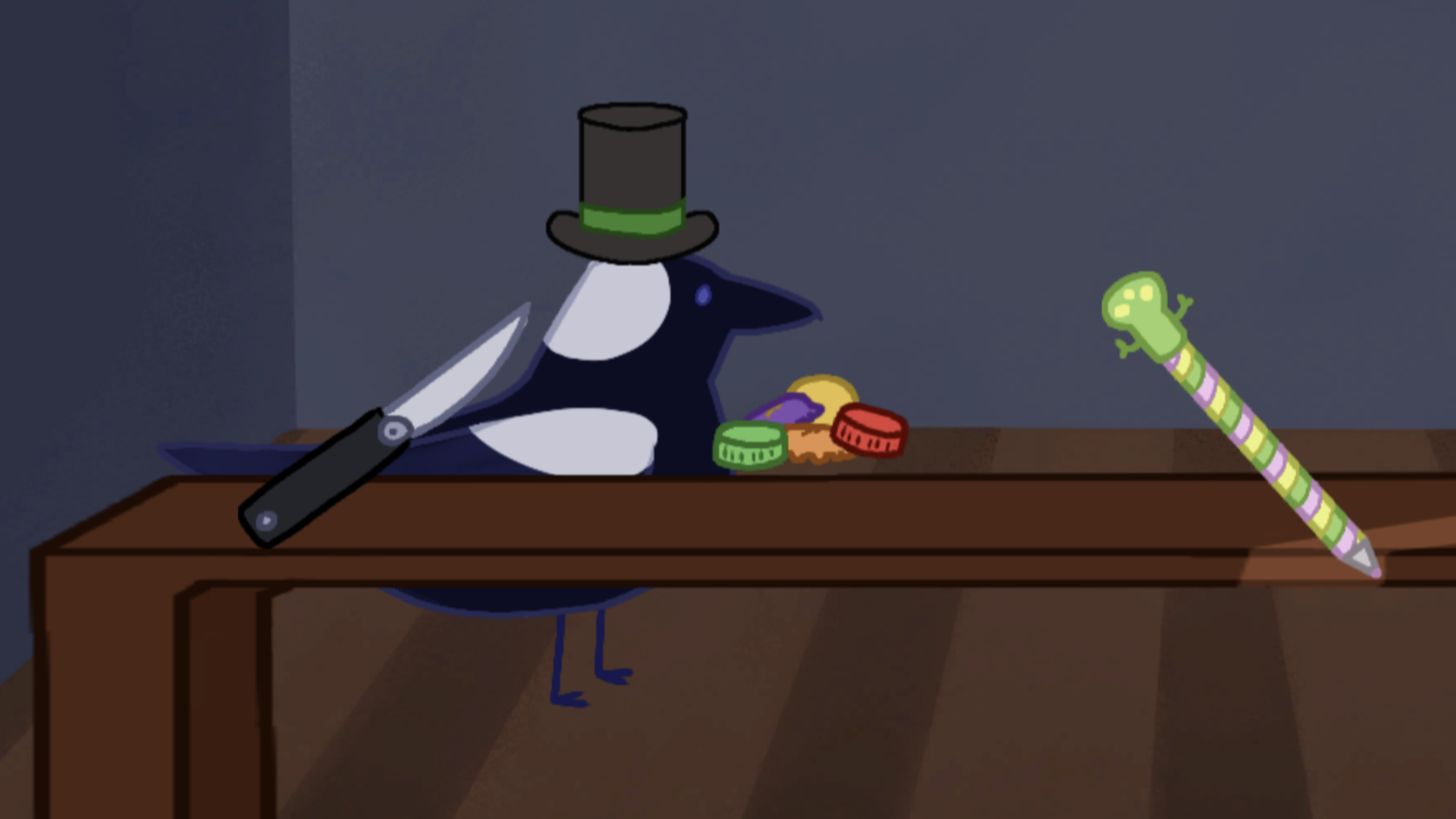 Bird behind table with three items on it: a knife, bottlecaps, and a pen