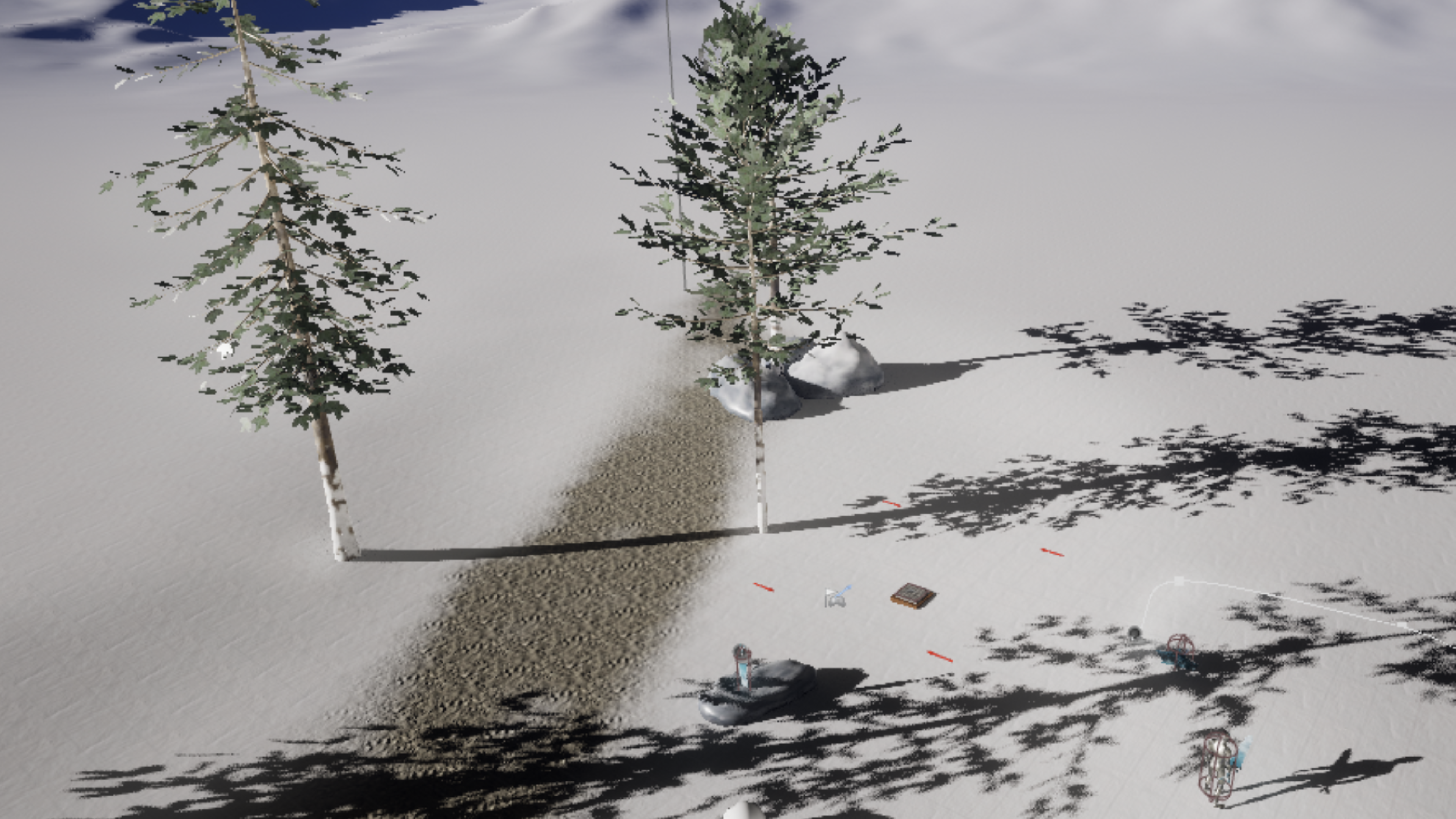 Debug image of a snowy scene with scattered rocks and trees