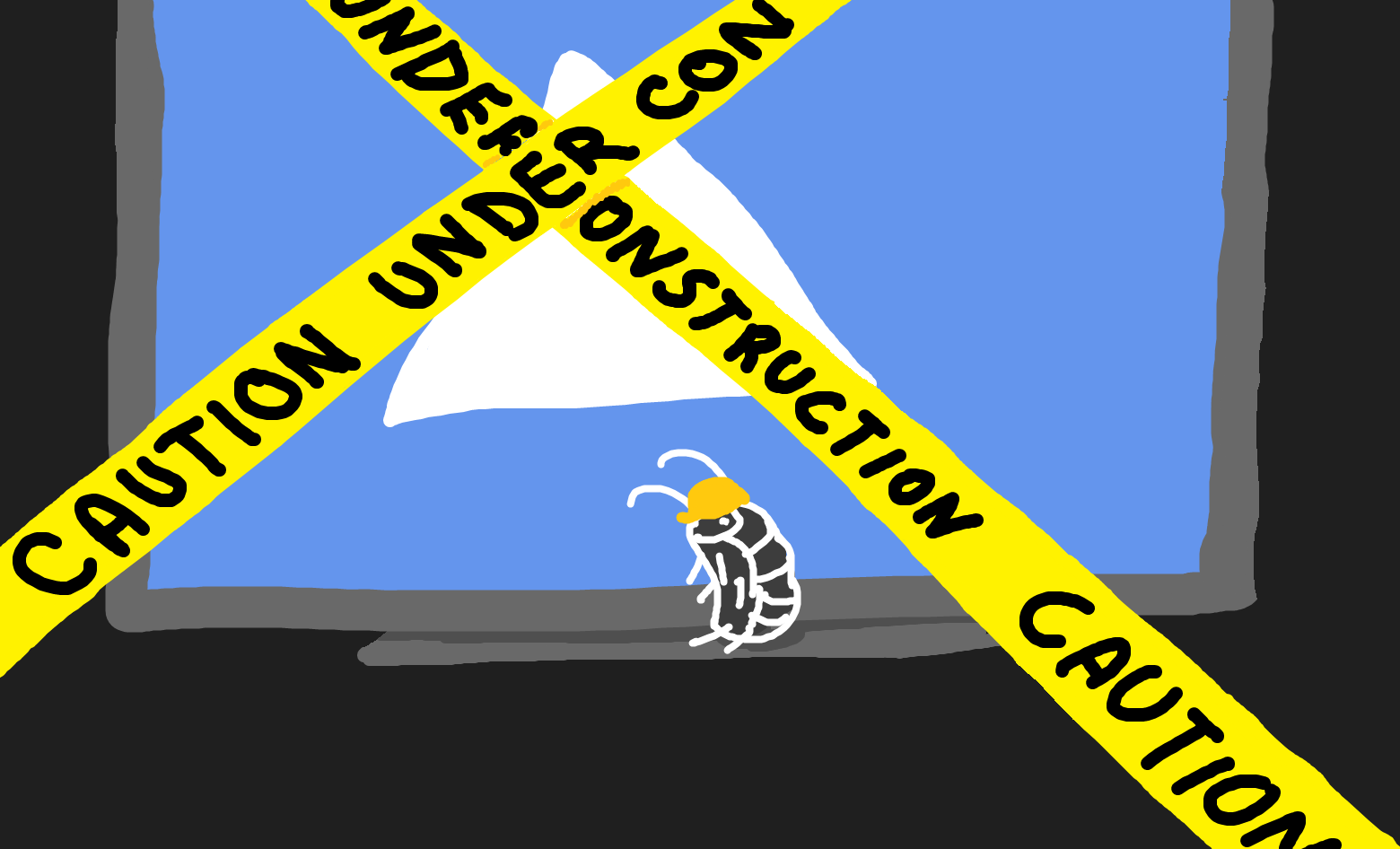 MS Paint drawing of a pillbug wearing a hardhat in front of a computer screen displaying a white triangle on a cornflower blue background