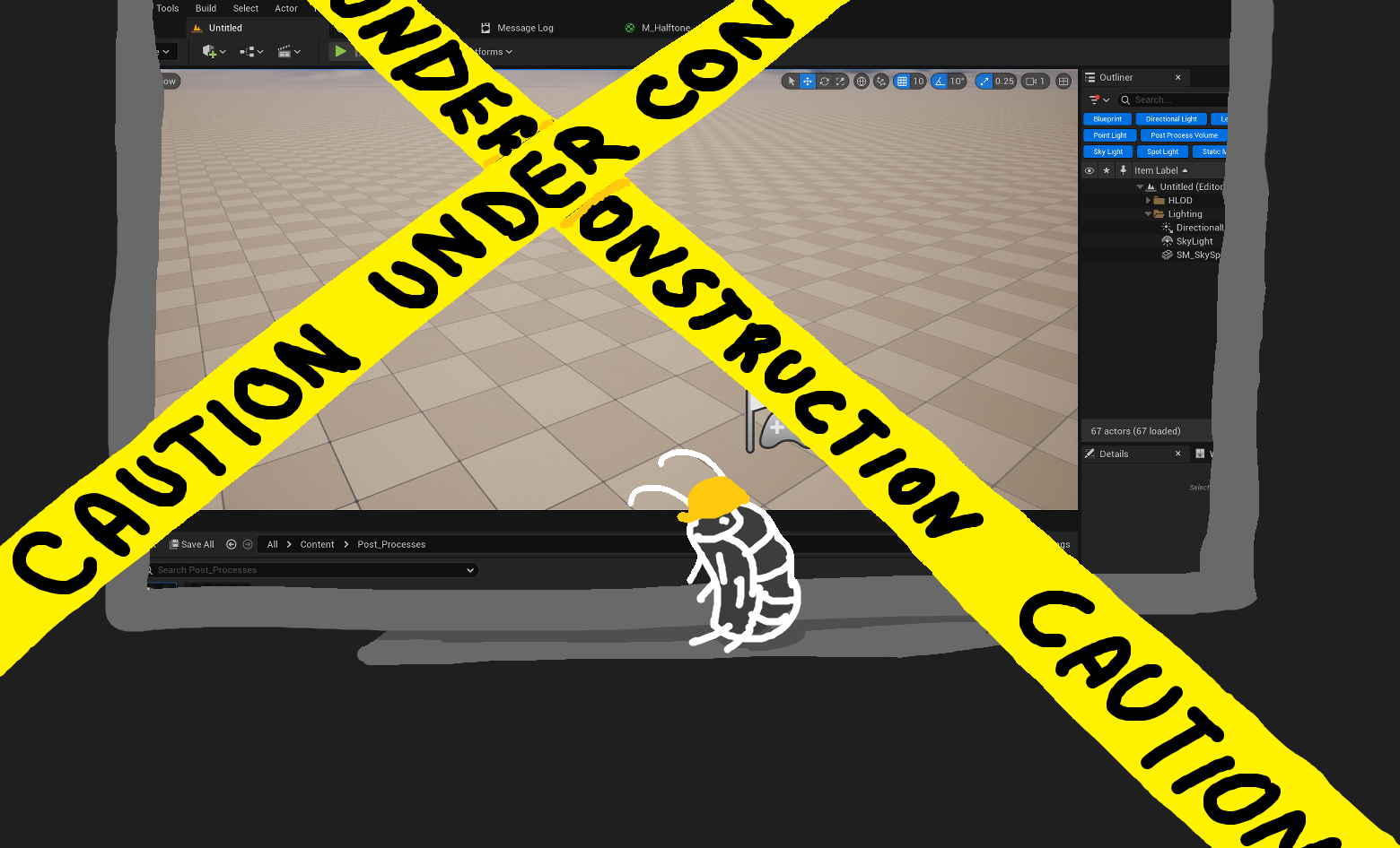 MS Paint drawing of a pillbug wearing a hardhat in front of a computer screen displaying Unreal Engine 5